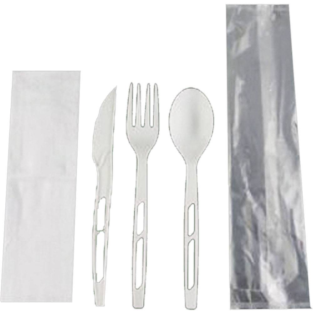 7'' CPLA Fork, Knife, Spoon, Napkin wrapped with Compostable Film (400/Case)