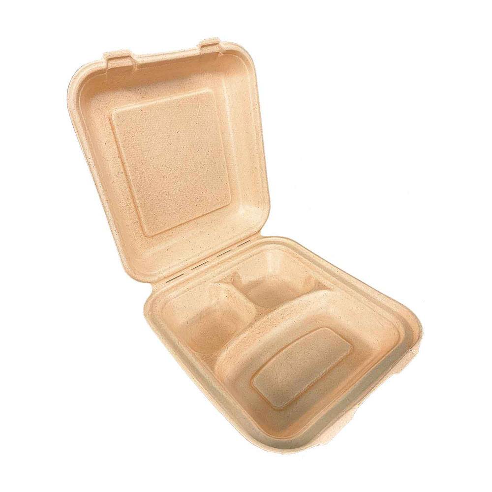 8.5"x8"x3" 3Compartments Sugar Cane Natural Kraft Clamshell (200/CS)