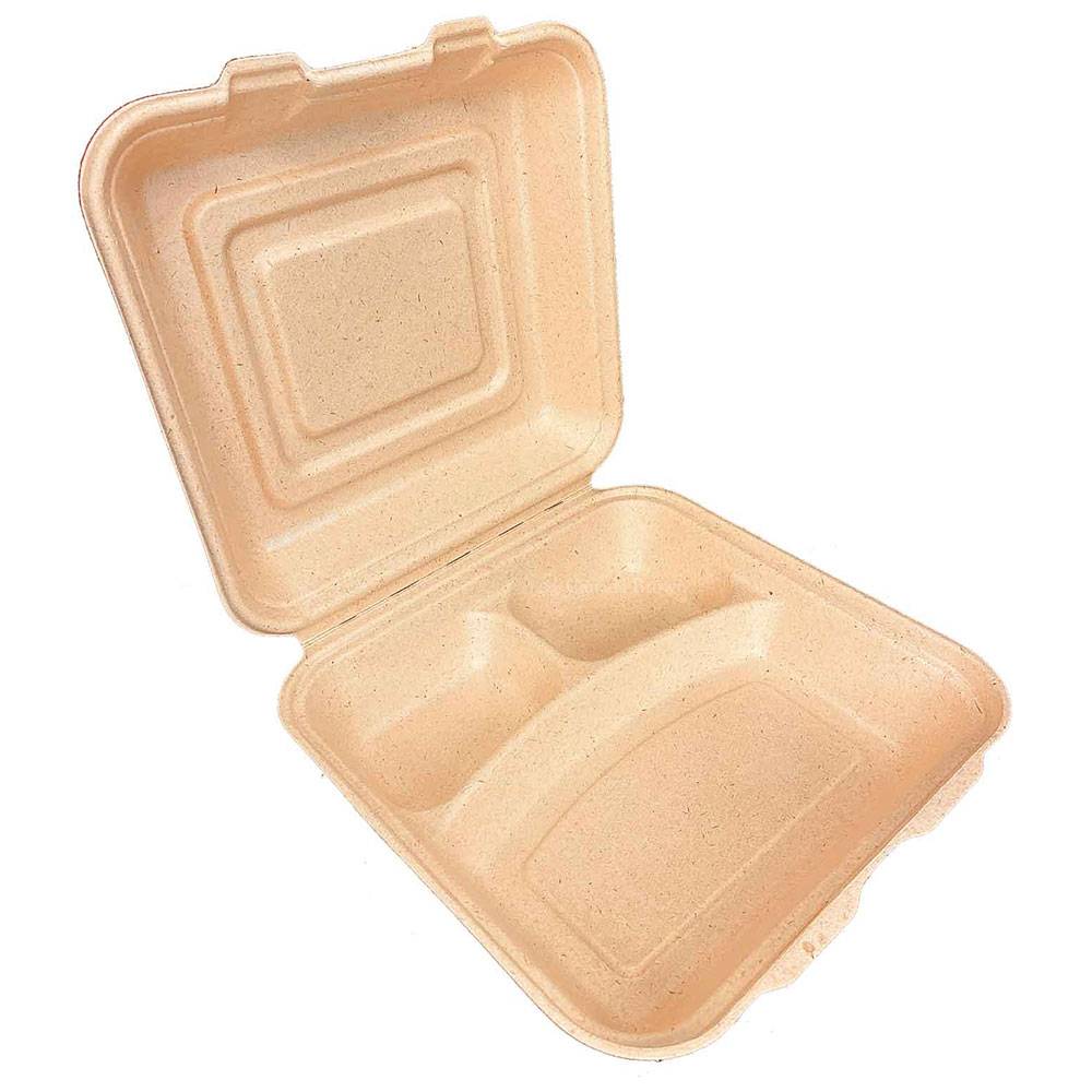 10''x10''x3'' 3Compartments Sugar Cane Natural Kraft Clamshell (200/CS)