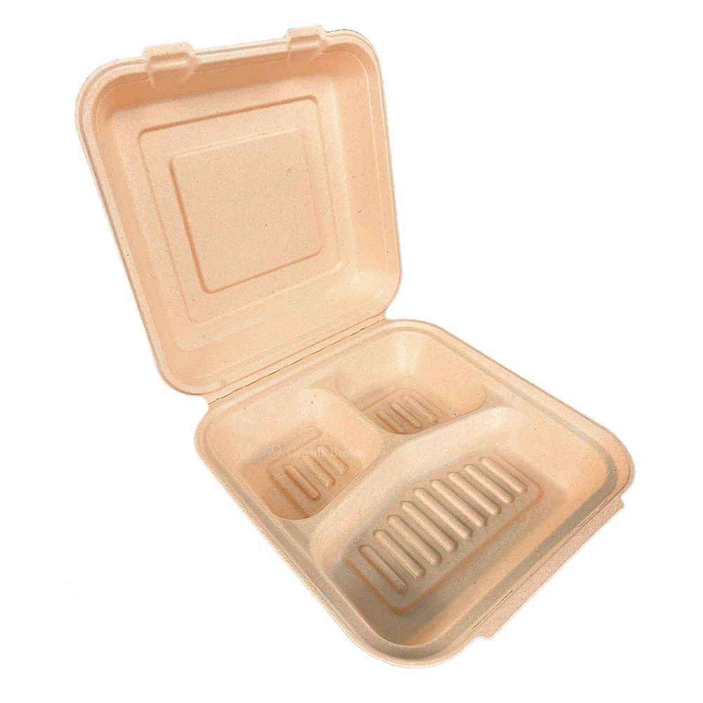 9”x9”x3” 3 Compartments Sugar Cane Natural Kraft Clamshell (100% Compostable) (200/CS)