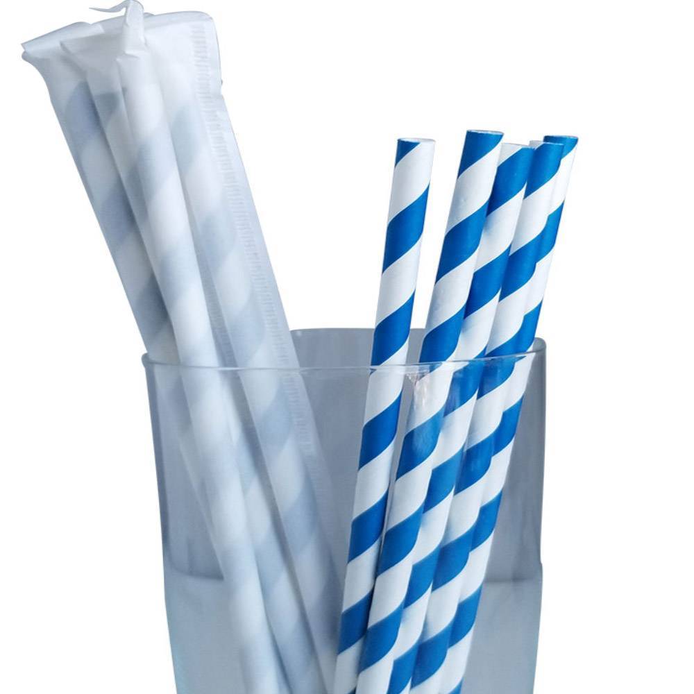 7.75” Length 6mm Diameter Regular Blue Striped Individually Wrapped Paper Straws ( 3000/CS)