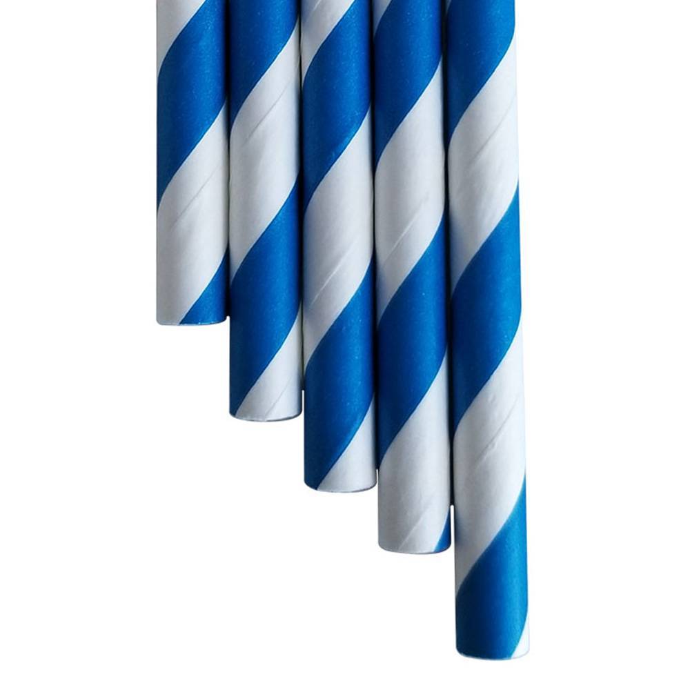 7.75” Length 6mm Diameter Regular Blue Striped Individually Wrapped Paper Straws ( 3000/CS)