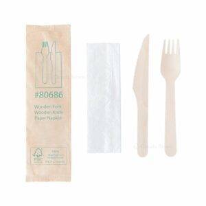 6.25” Wooden Cutlery Kit Wrapped with Kraft Paper (Fork. Knife. Napkin) (250/Case)