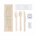 6.25'' Wooden Cutlery Kit Wrapped with Kraft Paper (Fork. Knife. Spoon.Napkin.Sugar.Salt. Papper) (250/Case)