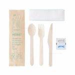 6.25'' Wooden Cutlery Kit Wrapped with Kraft Paper ( Fork. Knife. Spoon.Napkin.Salt. Papper ) (250/Case)