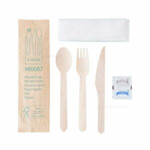 6.25” Wooden Cutlery Kit Wrapped with Kraft Paper ( Fork. Knife. Spoon.Napkin.Salt. Papper ) (250/Case)